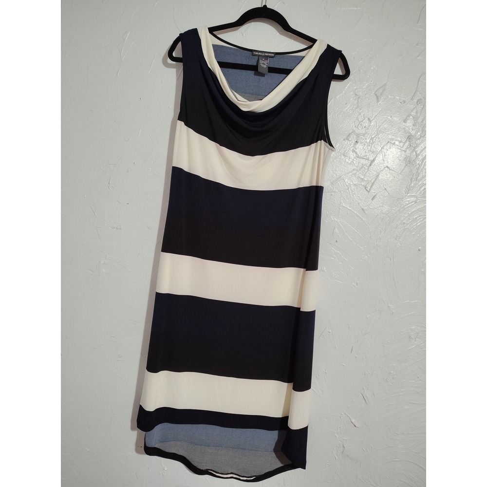 Chelsea & Theodore Dress Ladies M Black/White/Navy Block Sleeveless Knit Dinner